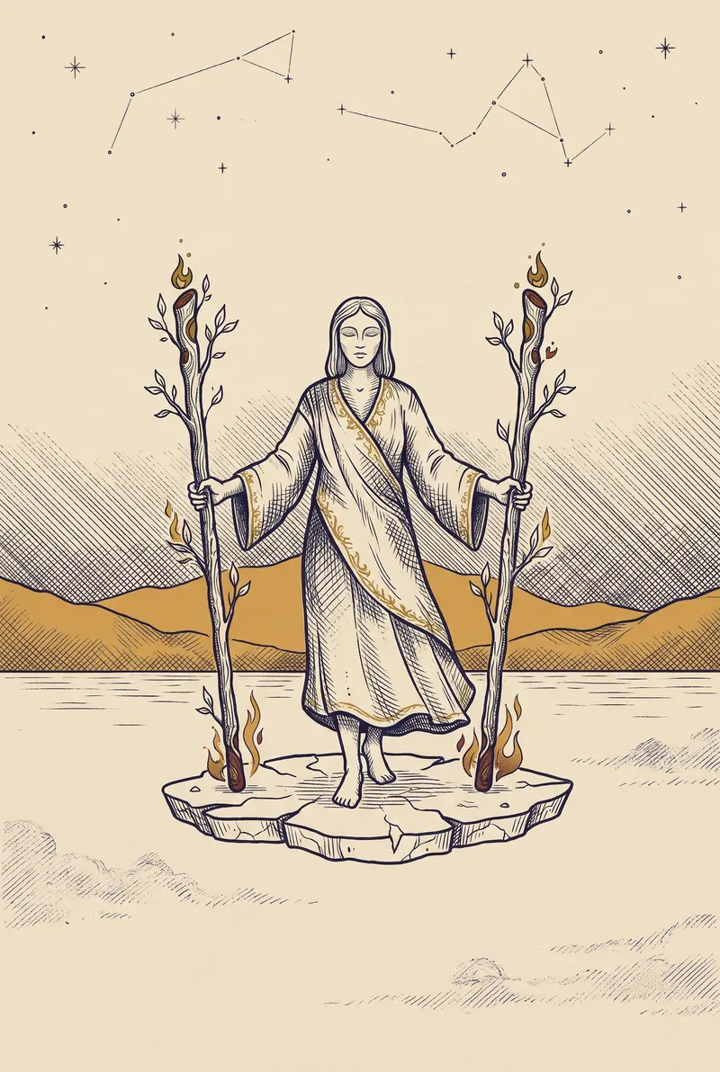 Ilustração da carta Dois de Bastões, naipe de Bastões