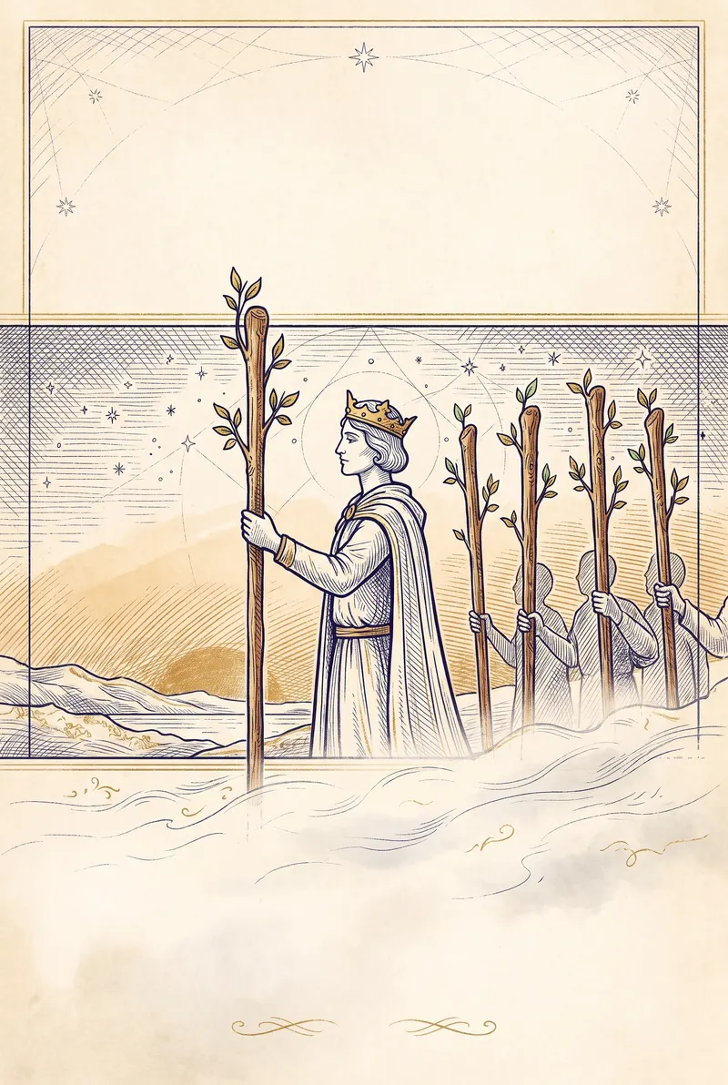 Ilustração da carta Seis de Bastões, naipe de Bastões