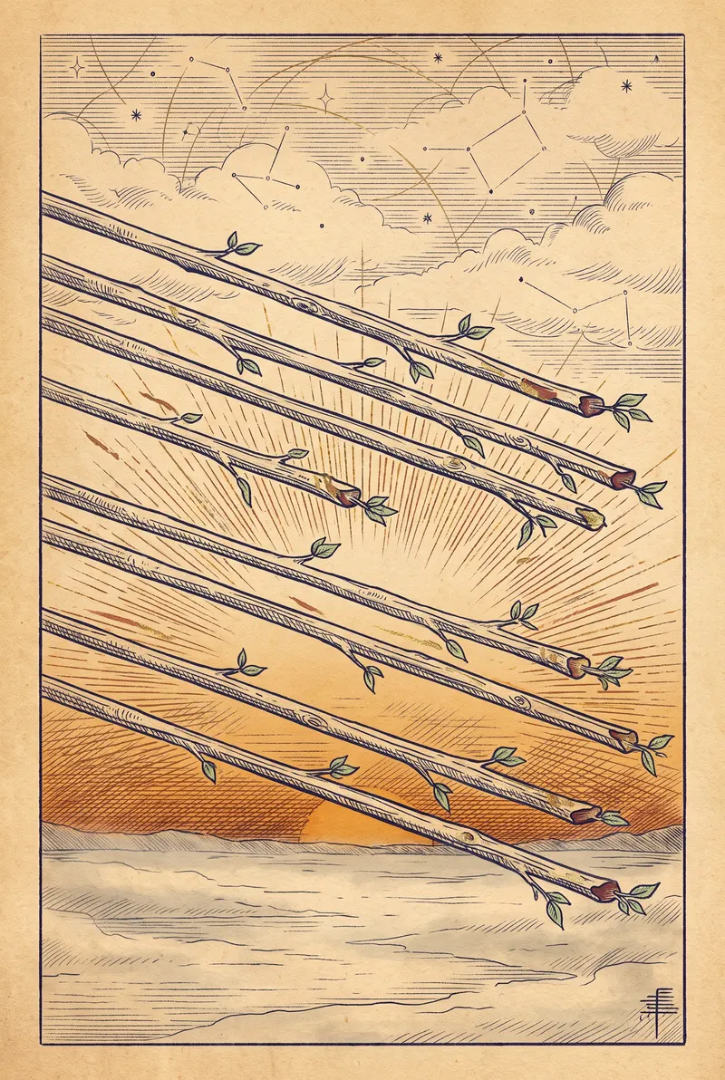 Ilustração da carta Oito de Bastões, naipe de Bastões
