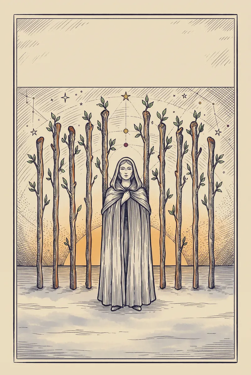 Ilustração da carta Nove de Bastões, naipe de Bastões