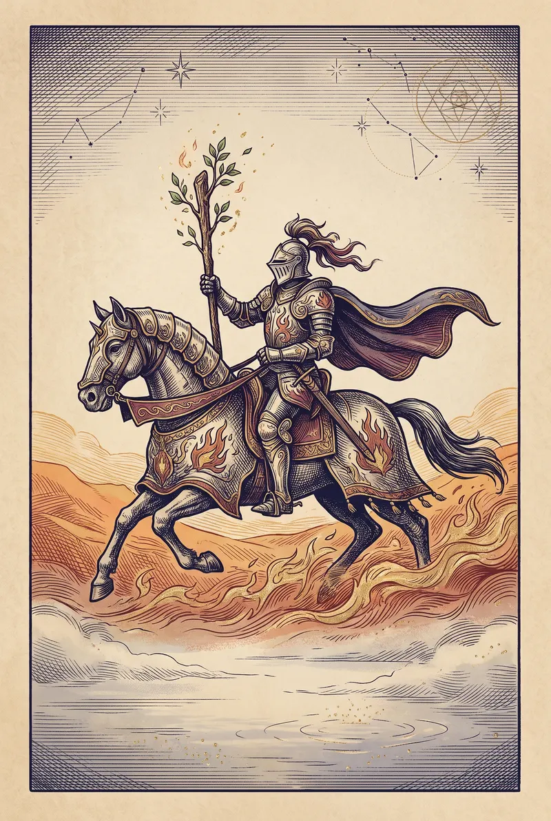 Ilustração da carta Cavaleiro de Bastões, naipe de Bastões