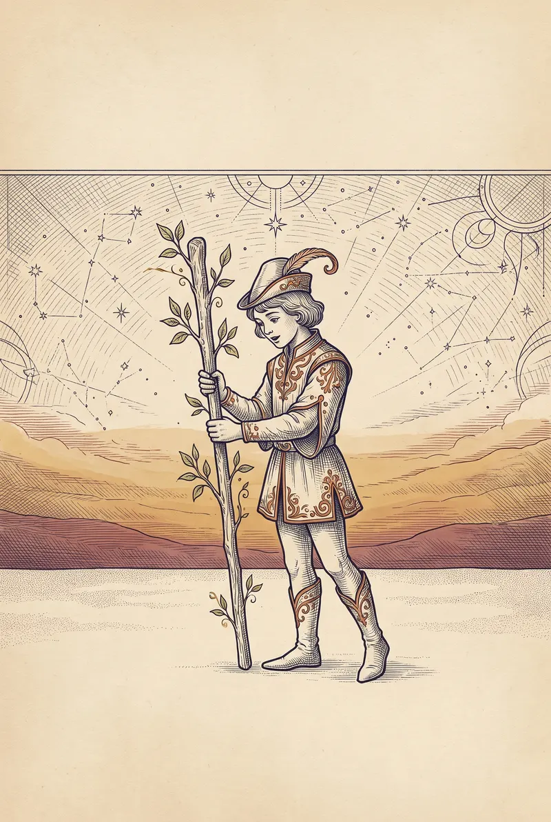 Ilustração da carta Pajem de Bastões, naipe de Bastões
