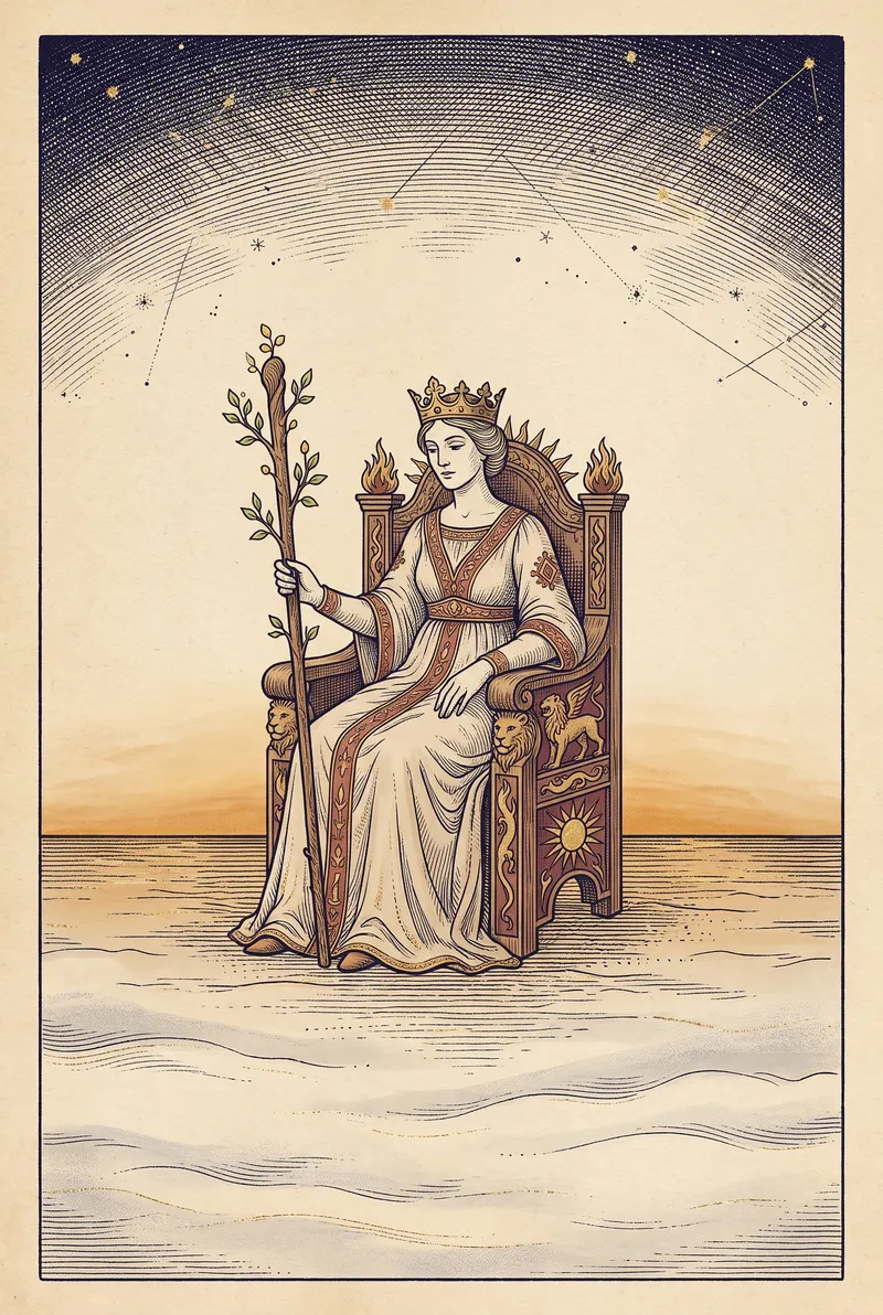 Ilustração da carta Rainha de Bastões, naipe de Bastões