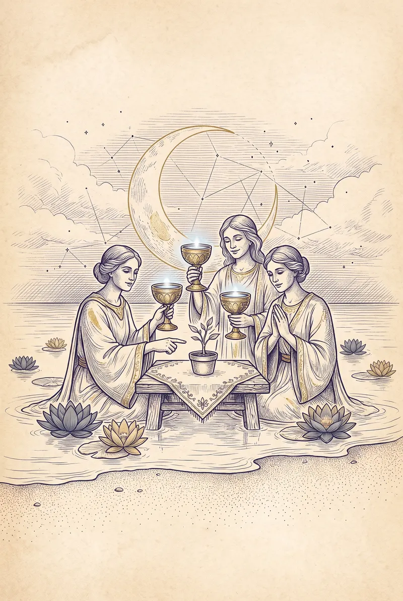Ilustração da carta Três de Copas, naipe de Copas