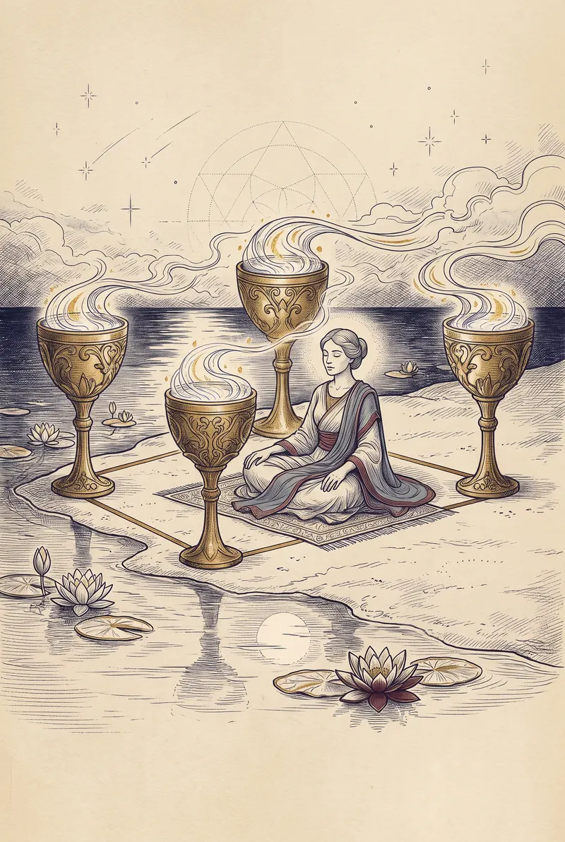 Ilustração da carta Quatro de Copas, naipe de Copas