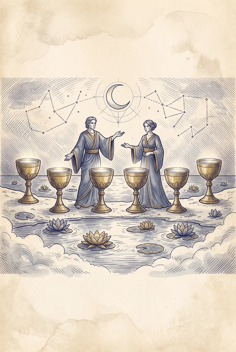 Ilustração da carta Seis de Copas, naipe de Copas