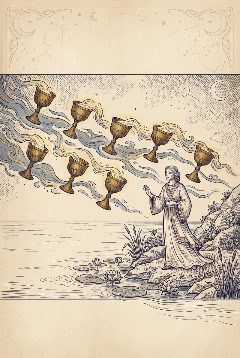 Ilustração da carta Oito de Copas, naipe de Copas