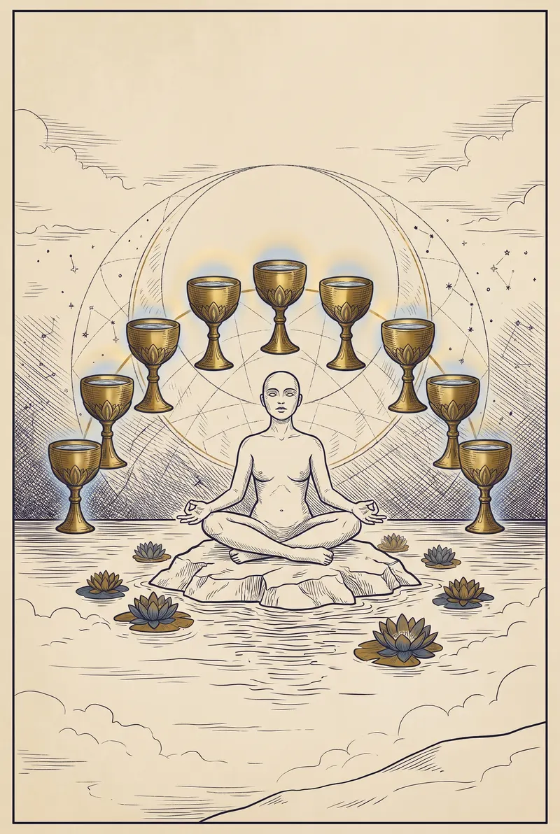 Ilustração da carta Nove de Copas, naipe de Copas