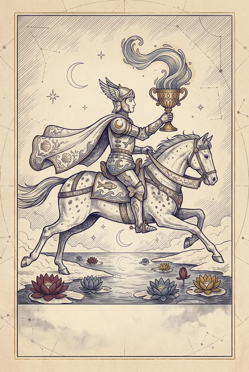Ilustração da carta Cavaleiro de Copas, naipe de Copas