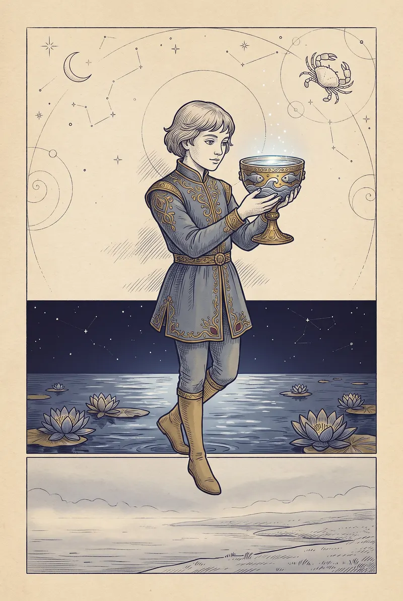 Ilustração da carta Pajem de Copas, naipe de Copas