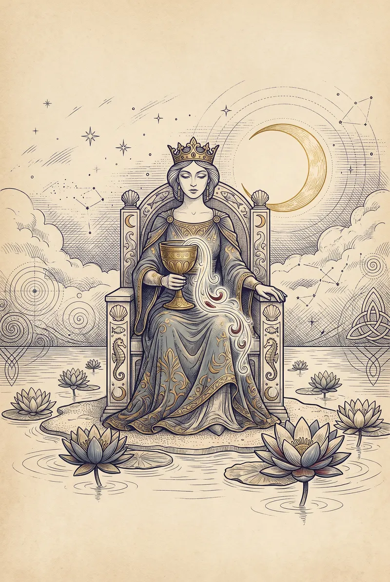 Ilustração da carta Rainha de Copas, naipe de Copas