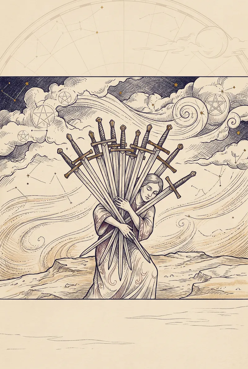 Ilustração da carta Dez de Espadas, naipe de Espadas