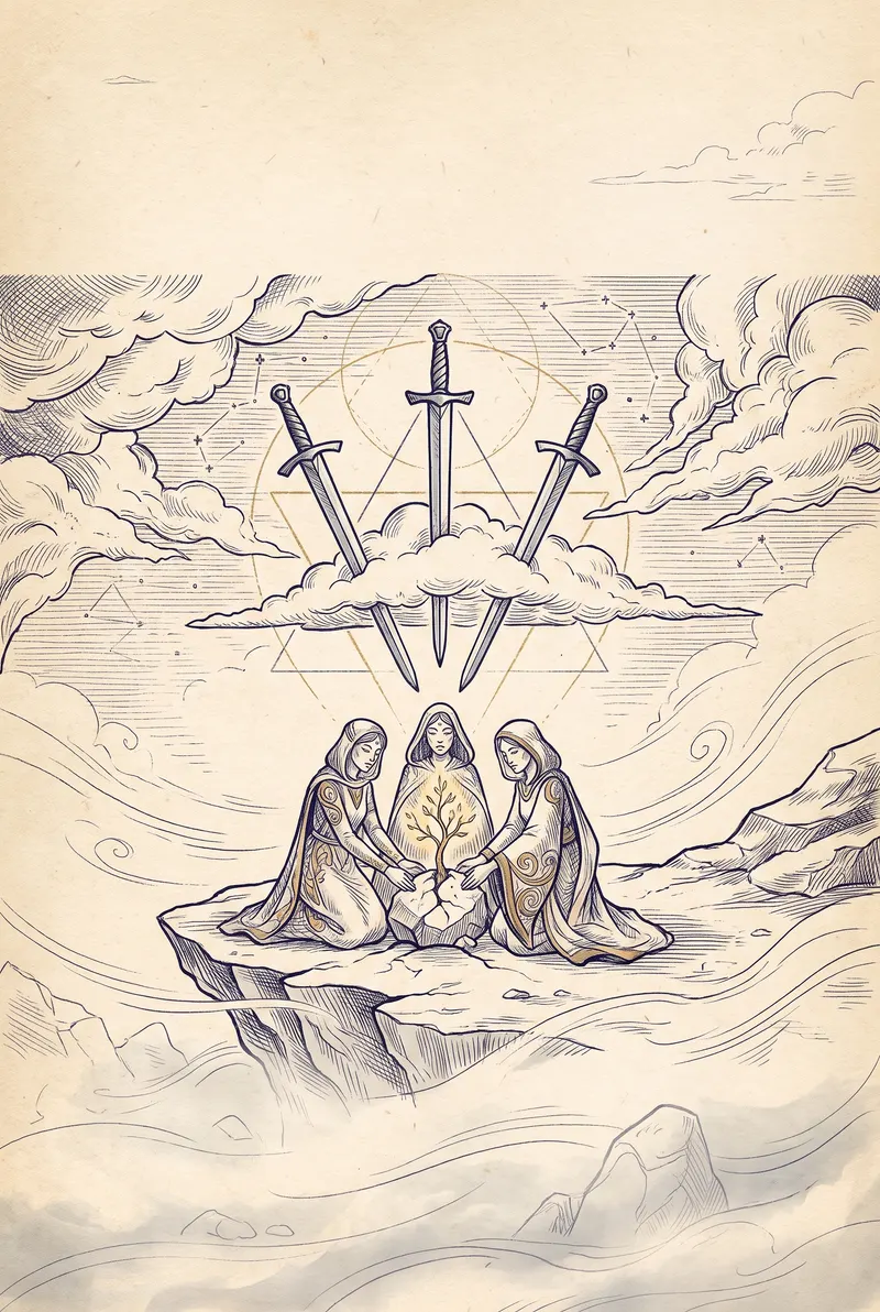 Ilustração da carta Três de Espadas, naipe de Espadas