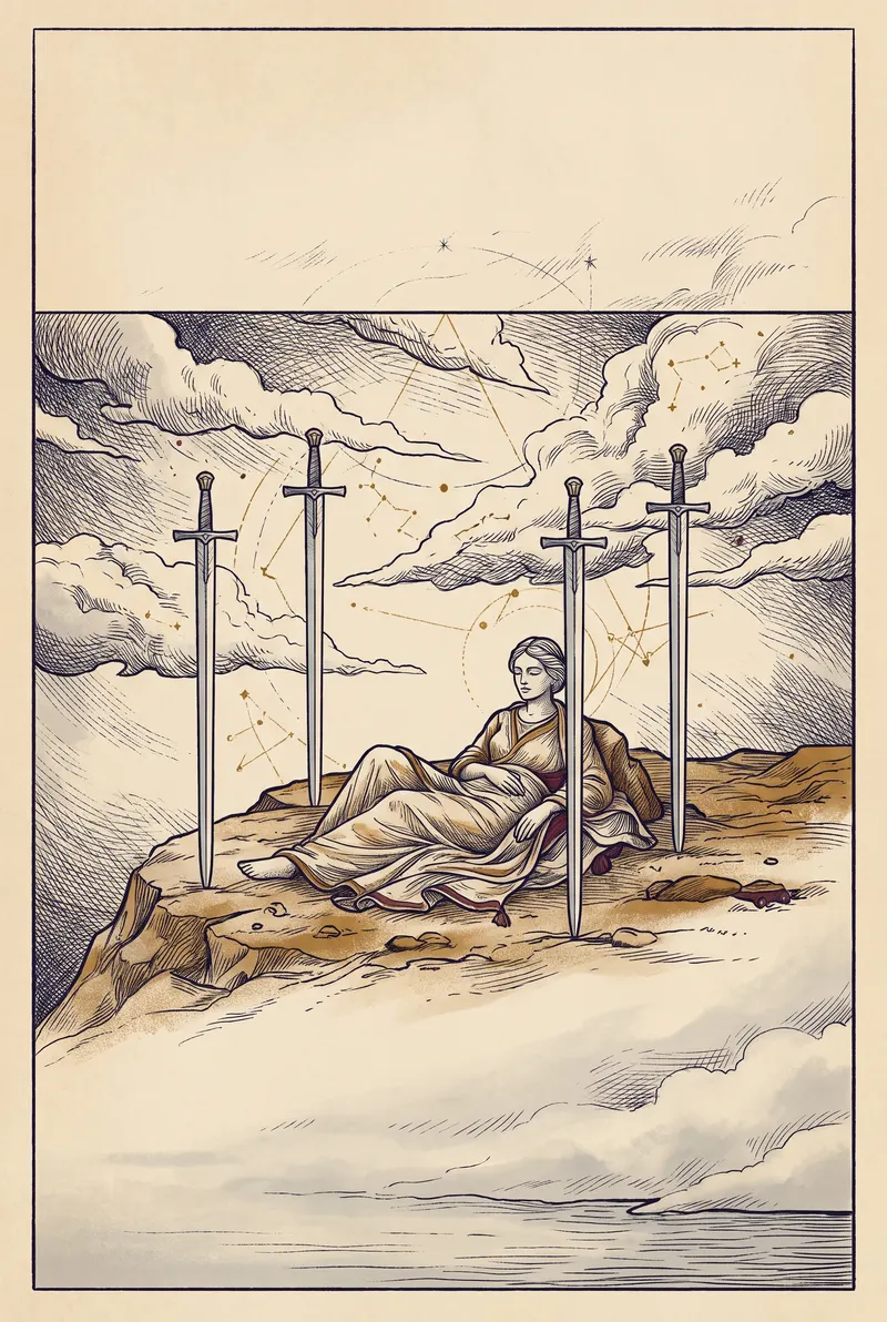 Ilustração da carta Quatro de Espadas, naipe de Espadas