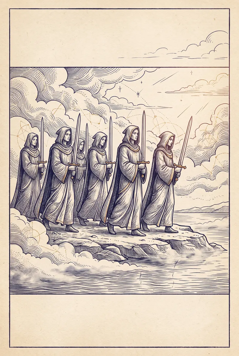 Ilustração da carta Seis de Espadas, naipe de Espadas