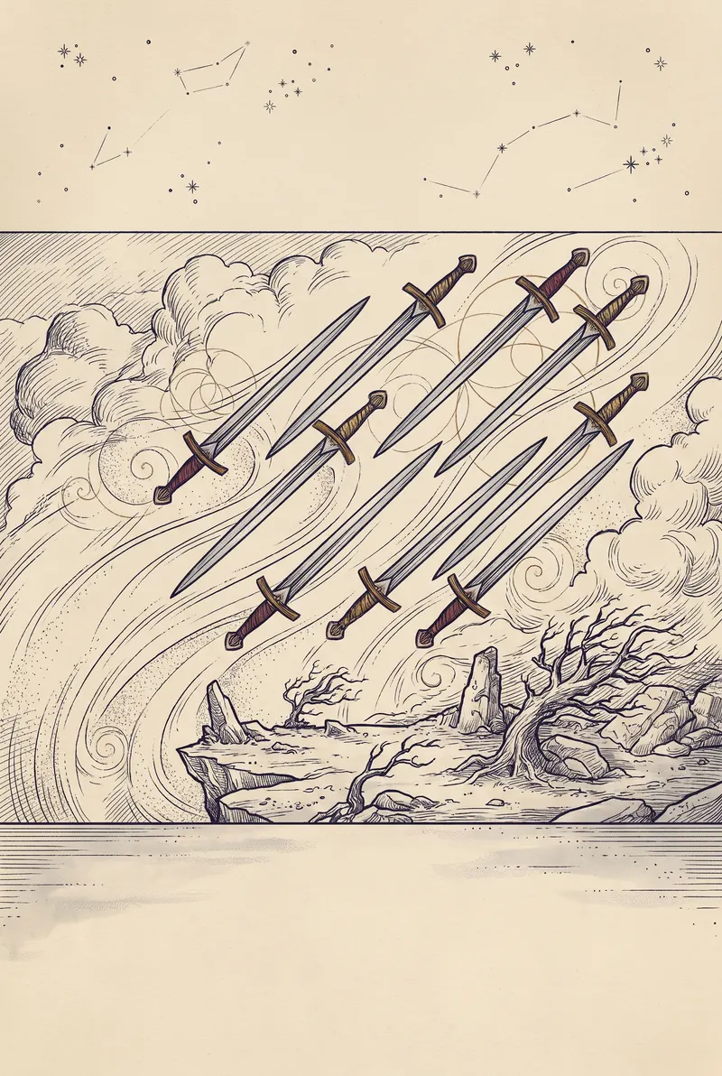 Ilustração da carta Oito de Espadas, naipe de Espadas