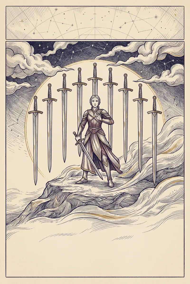 Ilustração da carta Nove de Espadas, naipe de Espadas
