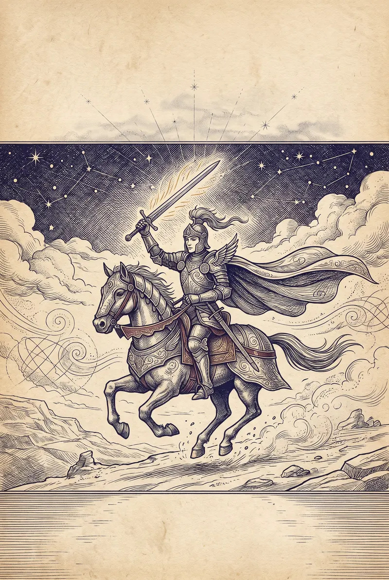 Ilustração da carta Cavaleiro de Espadas, naipe de Espadas
