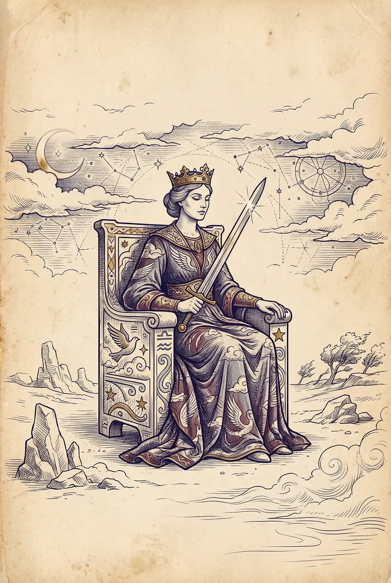 Ilustração da carta Rainha de Espadas, naipe de Espadas