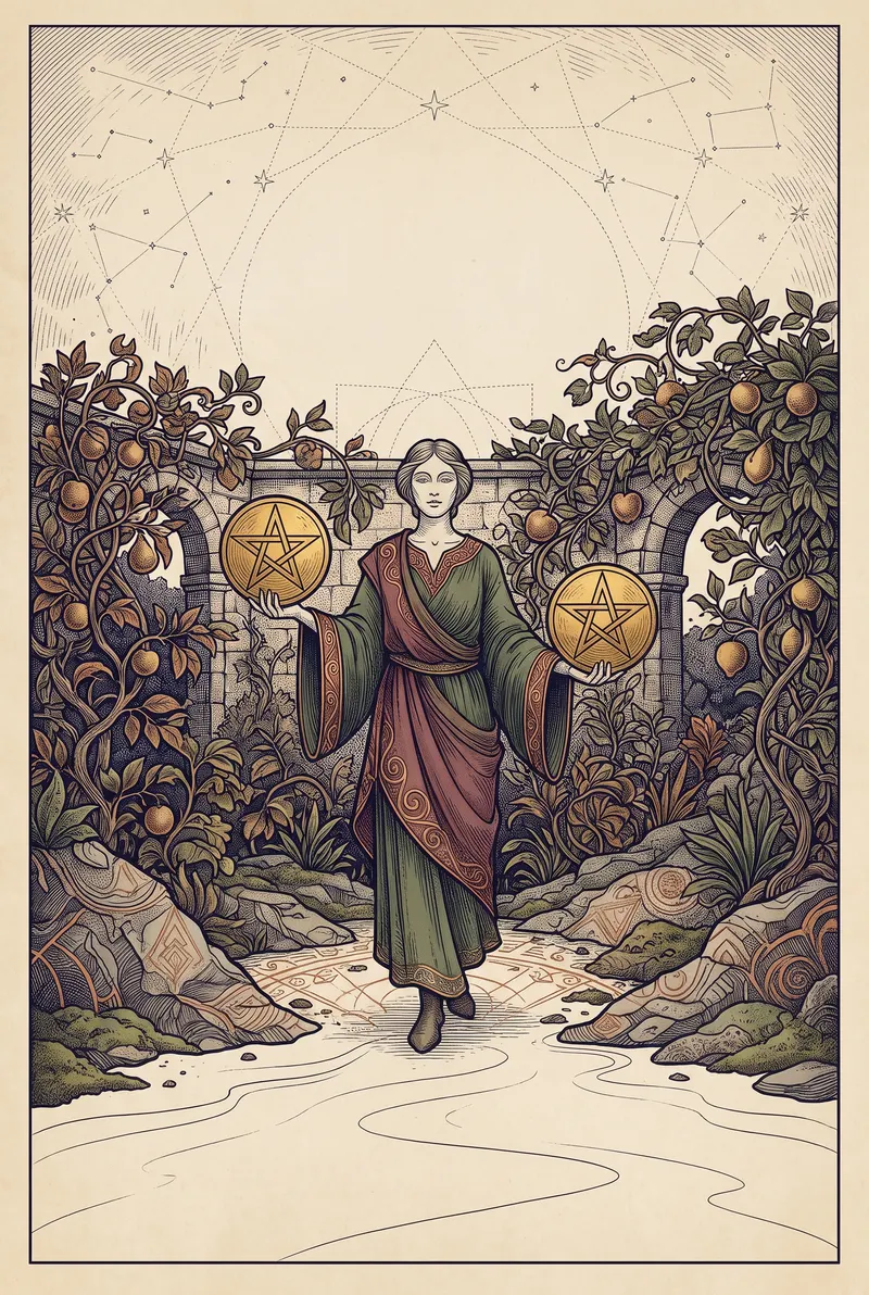 Ilustração da carta Dois de Ouros, naipe de Ouros