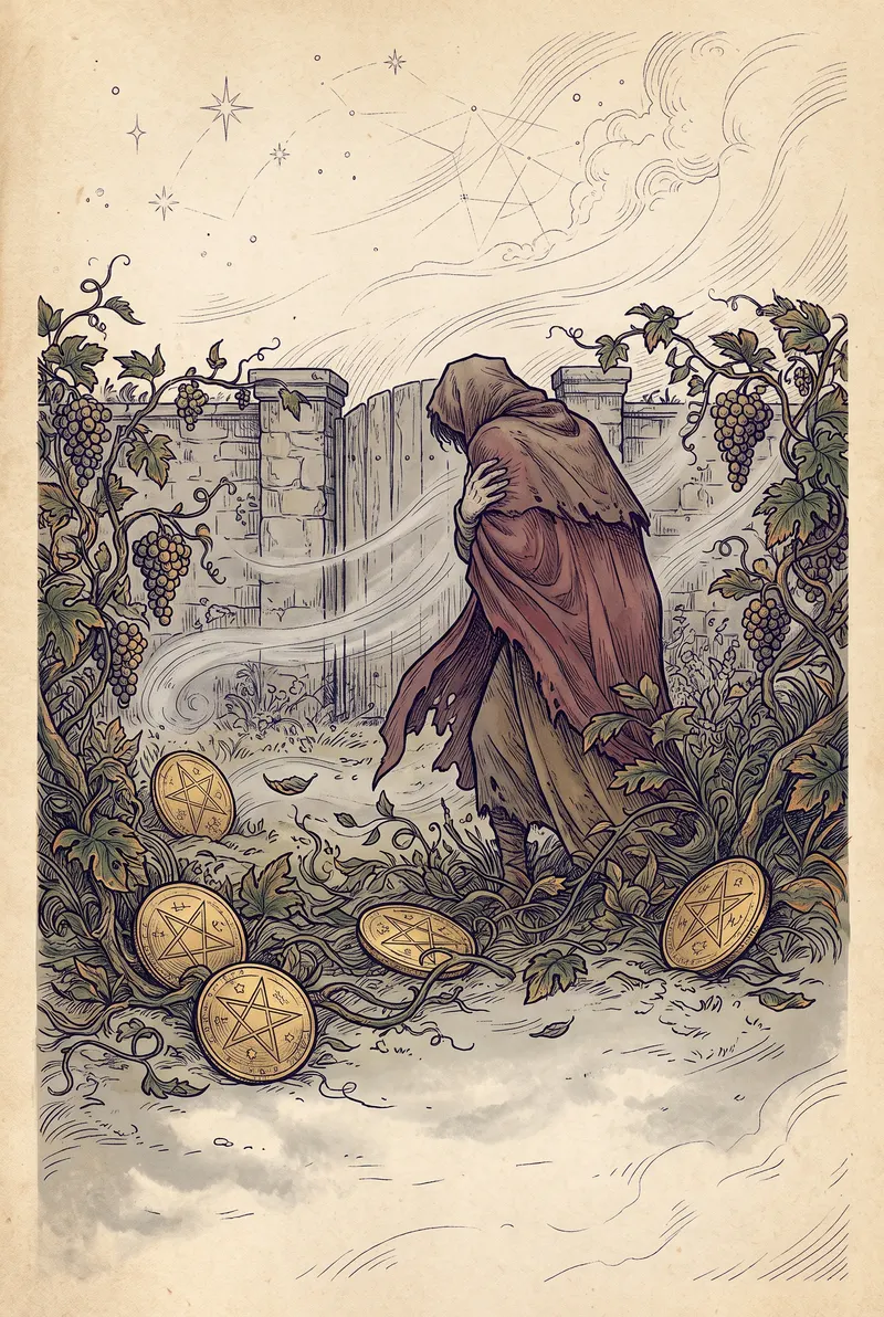 Ilustração da carta Cinco de Ouros, naipe de Ouros