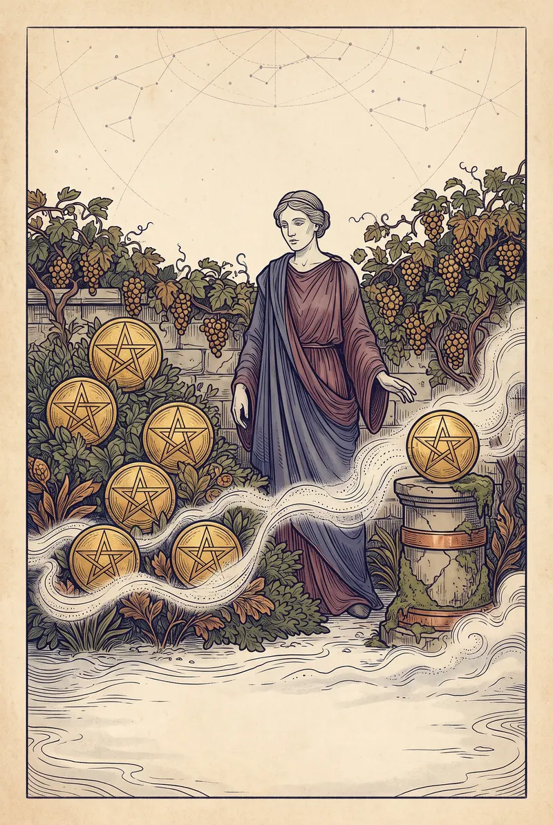 Ilustração da carta Sete de Ouros, naipe de Ouros