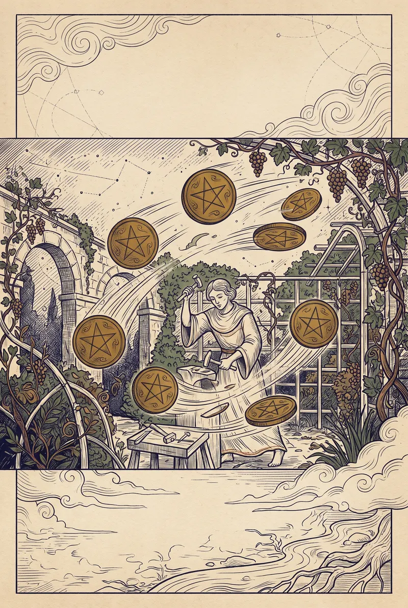 Ilustração da carta Oito de Ouros, naipe de Ouros