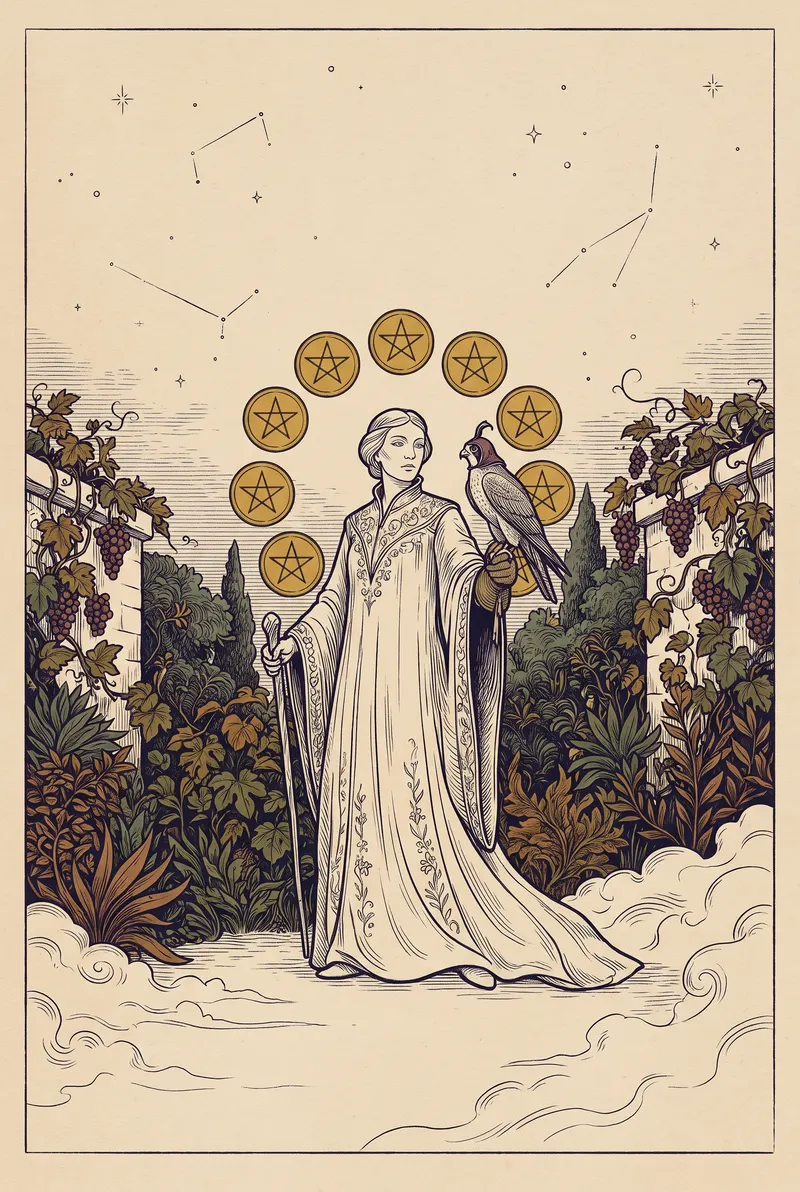 Ilustração da carta Nove de Ouros, naipe de Ouros