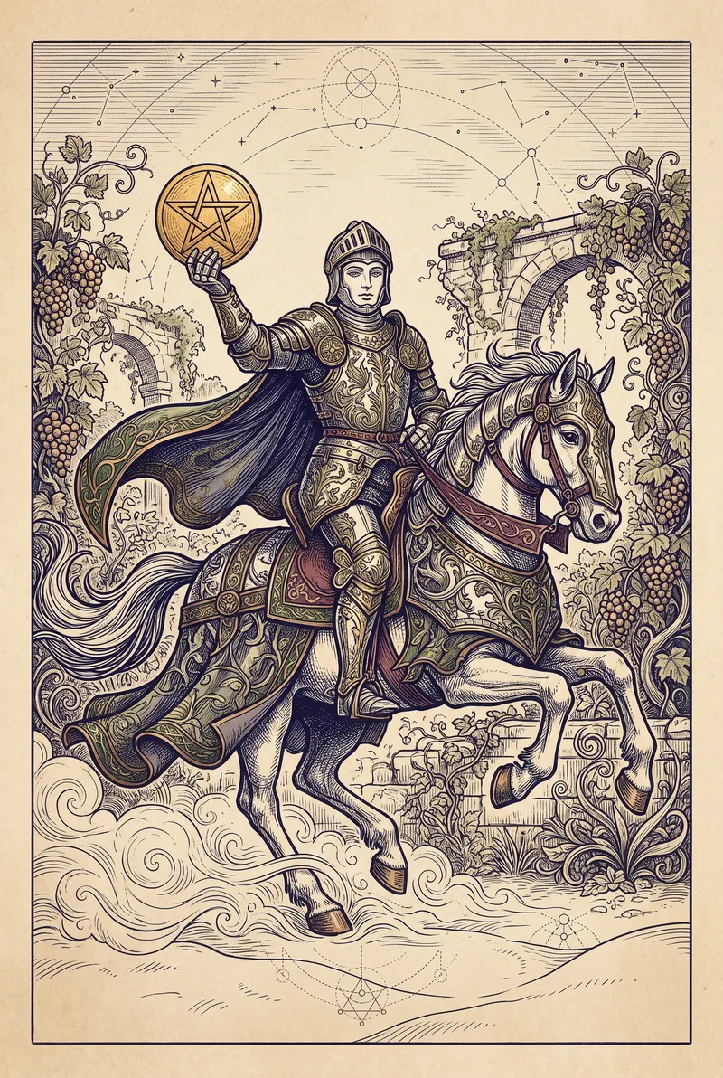 Ilustração da carta Cavaleiro de Ouros, naipe de Ouros