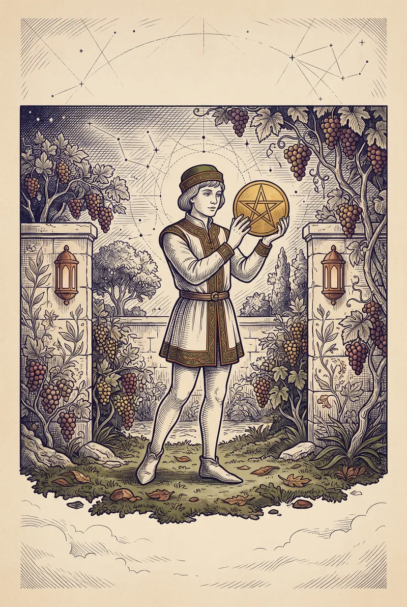 Ilustração da carta Pajem de Ouros, naipe de Ouros