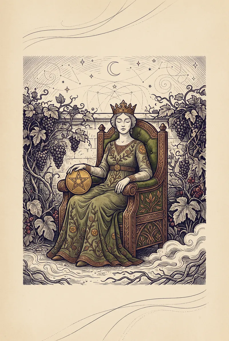 Ilustração da carta Rainha de Ouros, naipe de Ouros